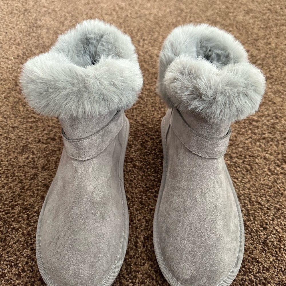Elegant Gray Fur-Trimmed Ankle Boots